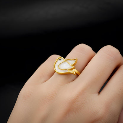 White Enamel Gold Bird Ring, Sterling Silver Peace Dove Statement Jewelry