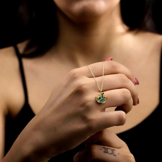 Embroidered Gold Enamel Frog Necklace, 925 Sterling Silver, Minimalist Animal Charm