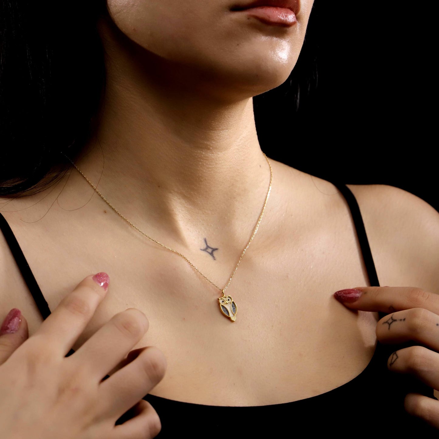 Gold Enamel Owl Necklace, Sterling Silver, Pave CZ Stone, Wise Bird Jewelry