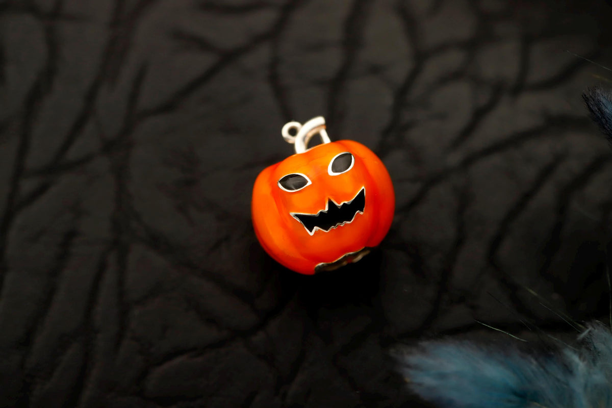 3D Enamel Pumpkin Necklace, Sterling Silver, CZ Diamond Detail, Fall Autumn Jewelry