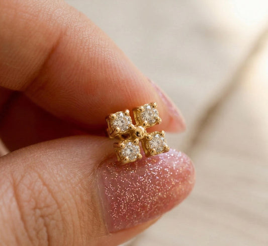 Sterling Silver Cz Diamond Clover Stud Earring, Micro Pave Minimalist Cross Jewelry