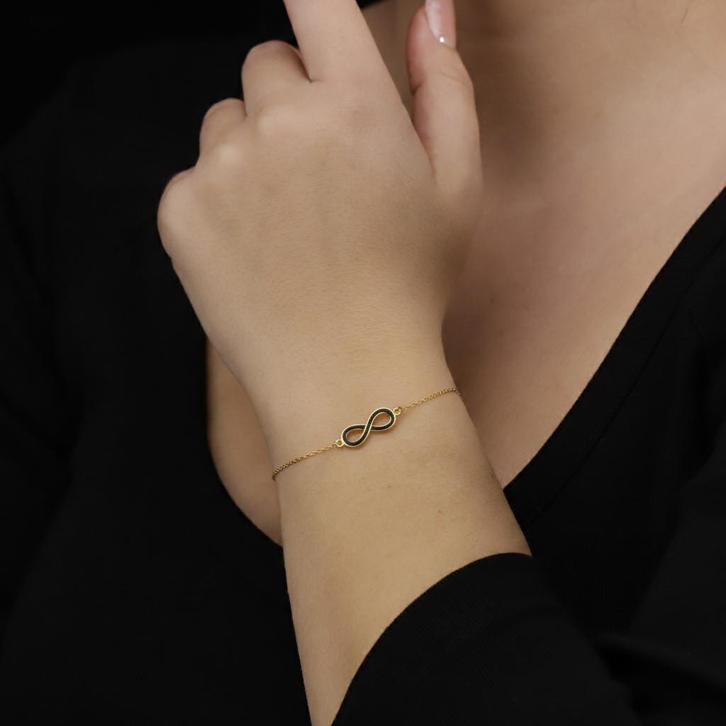 14K Gold Filled Infinity Bracelet, Black Enamel Sterling Silver