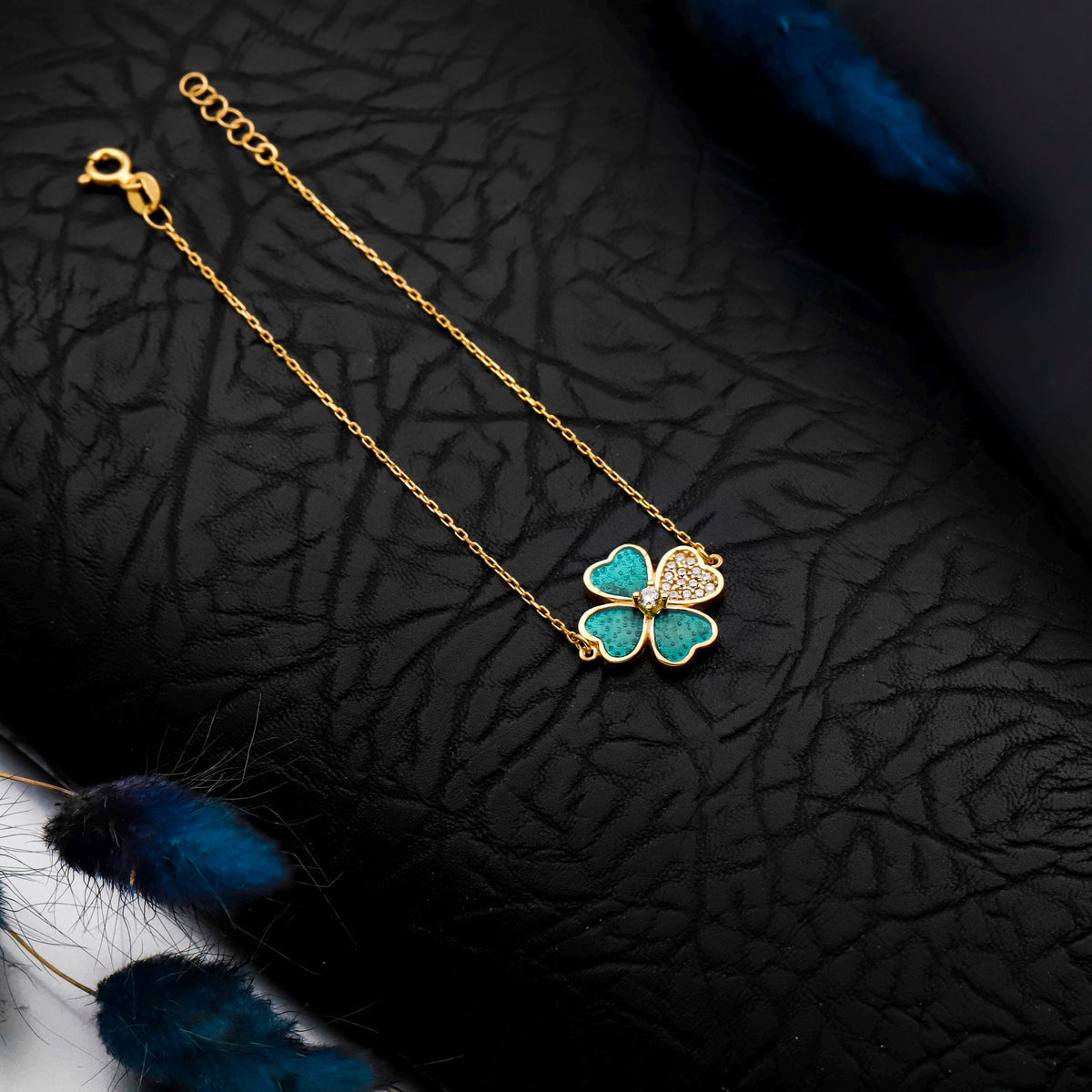 Green Enamel Four-Leaf Clover Bracelet, Sterling Silver, CZ Stones, Lucky Charm Jewelry