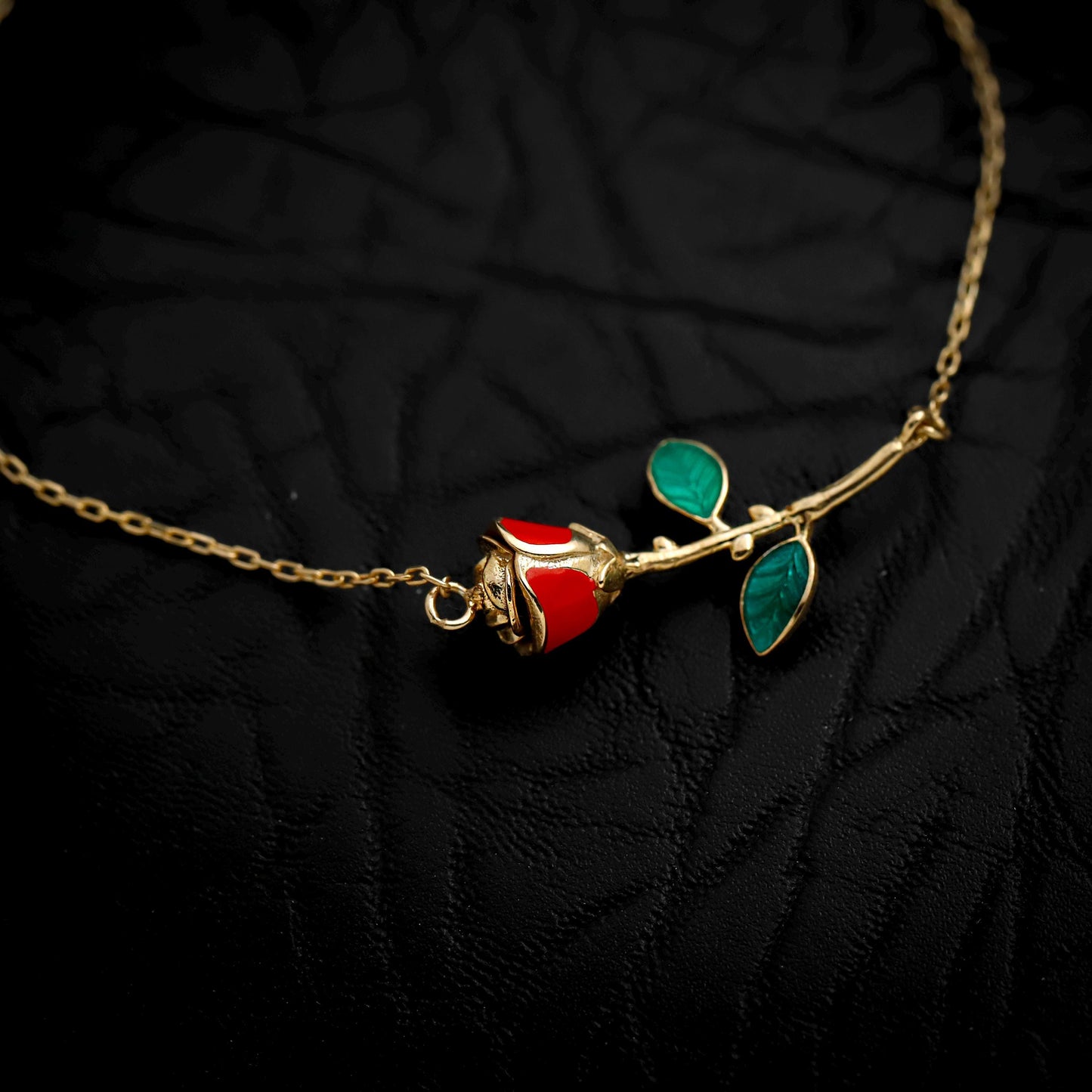 Enamel Rose Bracelet, 14K Gold Filled Sterling Silver, Romantic Jewelry