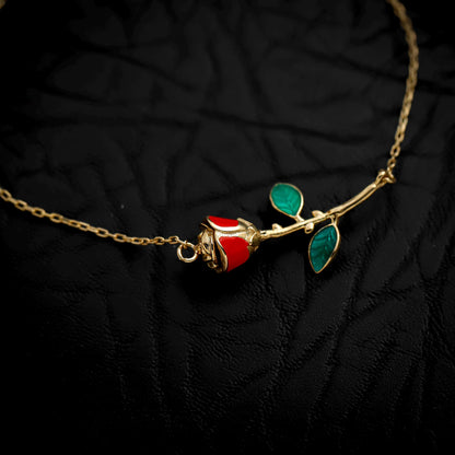 Enamel Rose Bracelet, 14K Gold Filled Sterling Silver, Romantic Jewelry