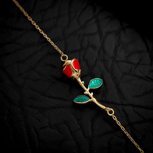 Enamel Rose Bracelet, 14K Gold Filled Sterling Silver, Romantic Jewelry