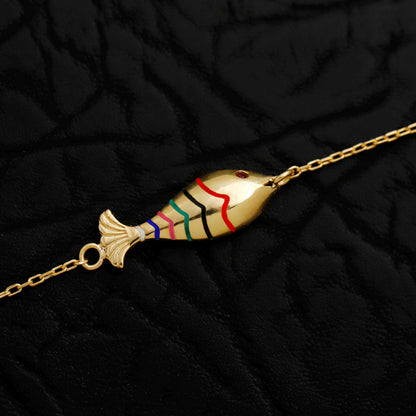 Colorful Enamel Fish Bracelet, 14K Gold Filled Sterling Silver, Minimalist Charm Jewelry
