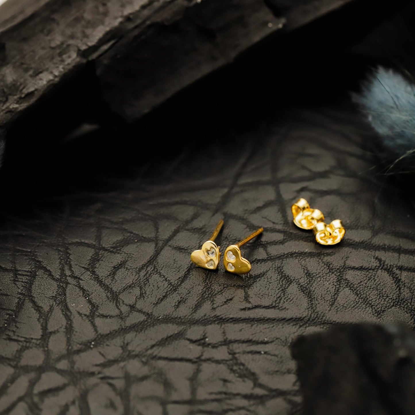 Golden Heart Stud Earrings, Sterling Silver Pave CZ Tiny Jewelry