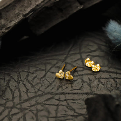 Golden Heart Stud Earrings, Sterling Silver Pave CZ Tiny Jewelry