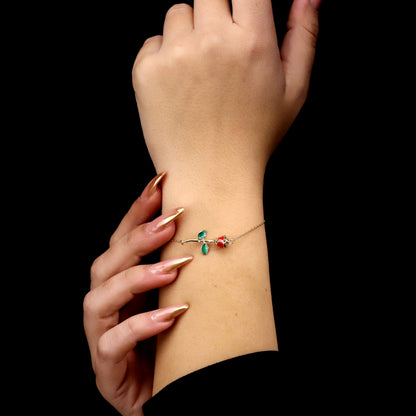 Enamel Rose Bracelet, 14K Gold Filled Sterling Silver, Romantic Jewelry
