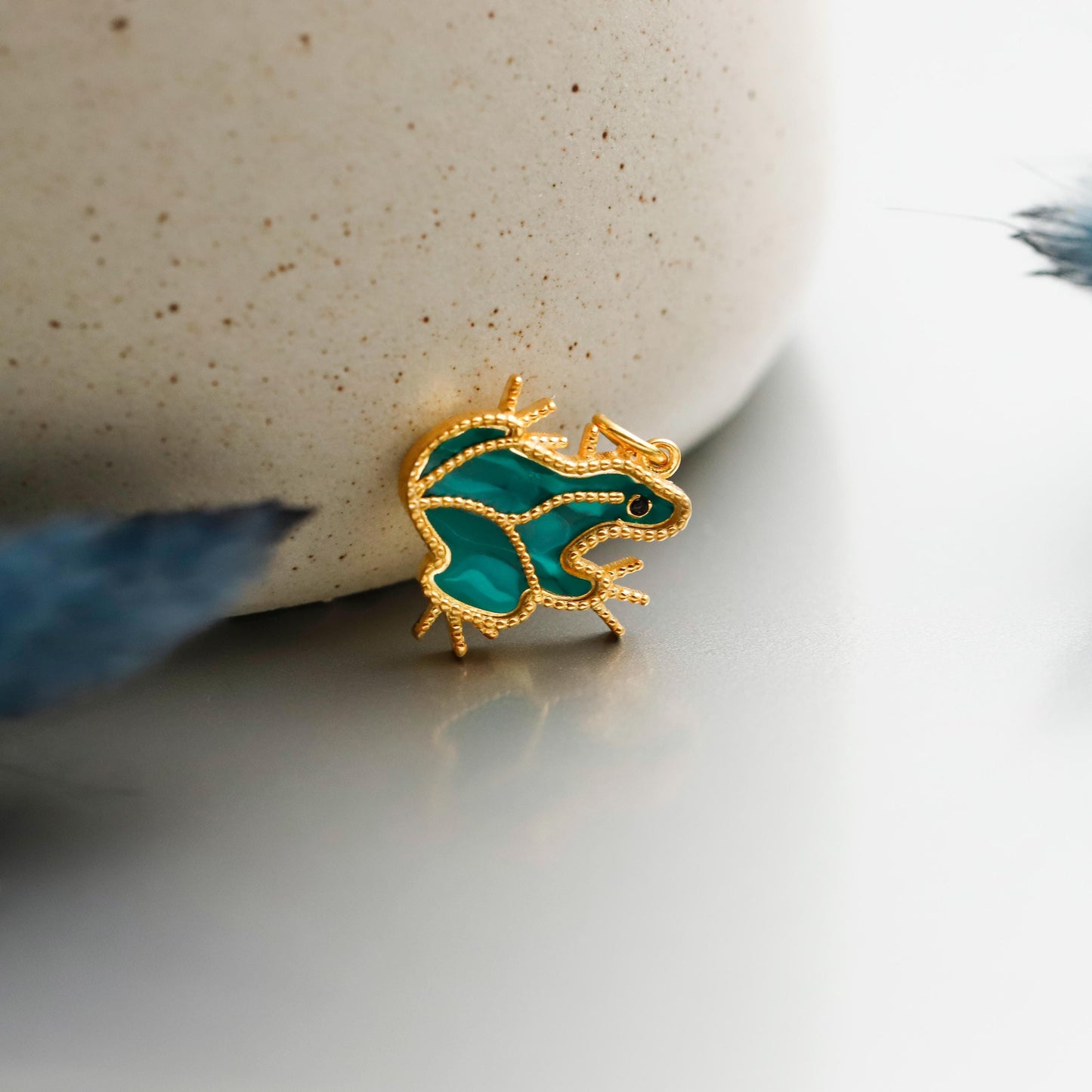 Embroidered Gold Enamel Frog Necklace, 925 Sterling Silver, Minimalist Animal Charm