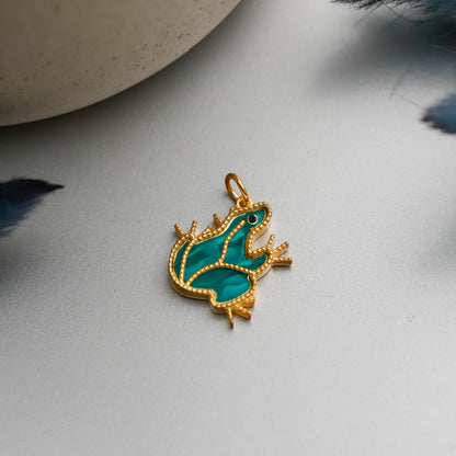 Embroidered Gold Enamel Frog Necklace, 925 Sterling Silver, Minimalist Animal Charm
