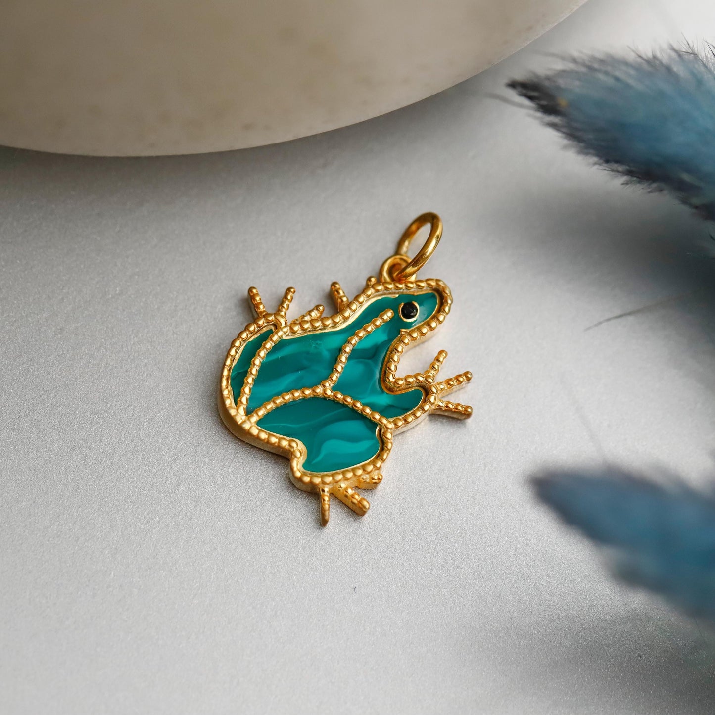 Embroidered Gold Enamel Frog Necklace, 925 Sterling Silver, Minimalist Animal Charm