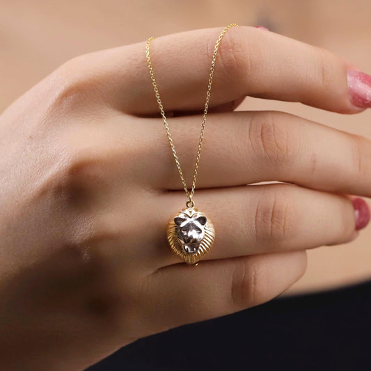 3D Gold Lion Head Necklace, Sterling Silver Two-Tone Pendant, Animal King Leo Jewelry