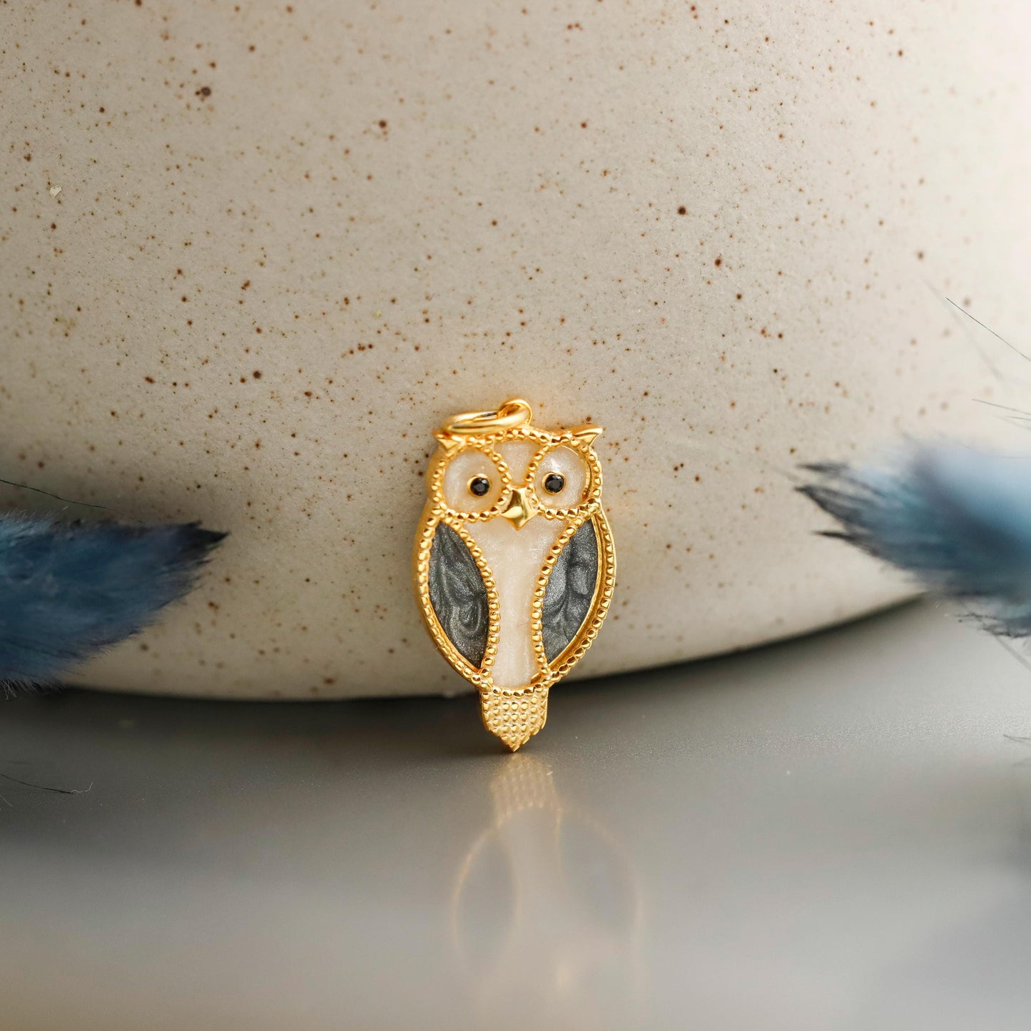 Gold Enamel Owl Necklace, Sterling Silver, Pave CZ Stone, Wise Bird Jewelry