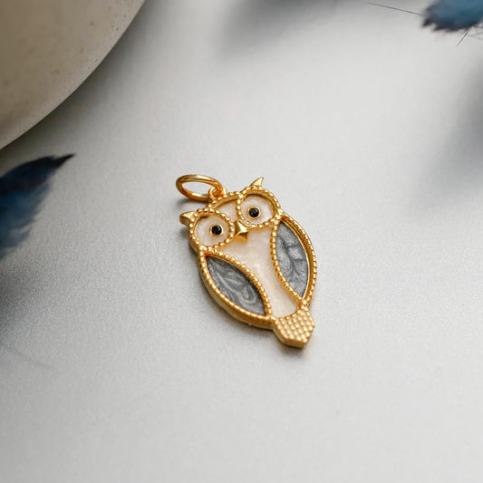 Gold Enamel Owl Necklace, Sterling Silver, Pave CZ Stone, Wise Bird Jewelry