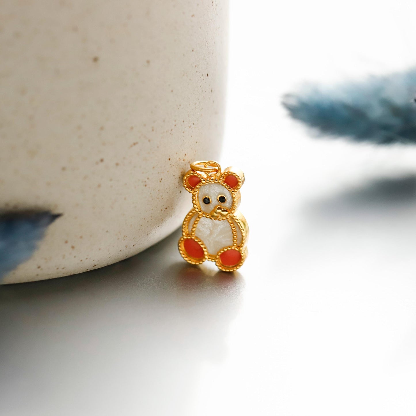 Gold Enamel Teddy Bear Pendant Necklace, Minimalist Jewelry, Gold Plated Silver
