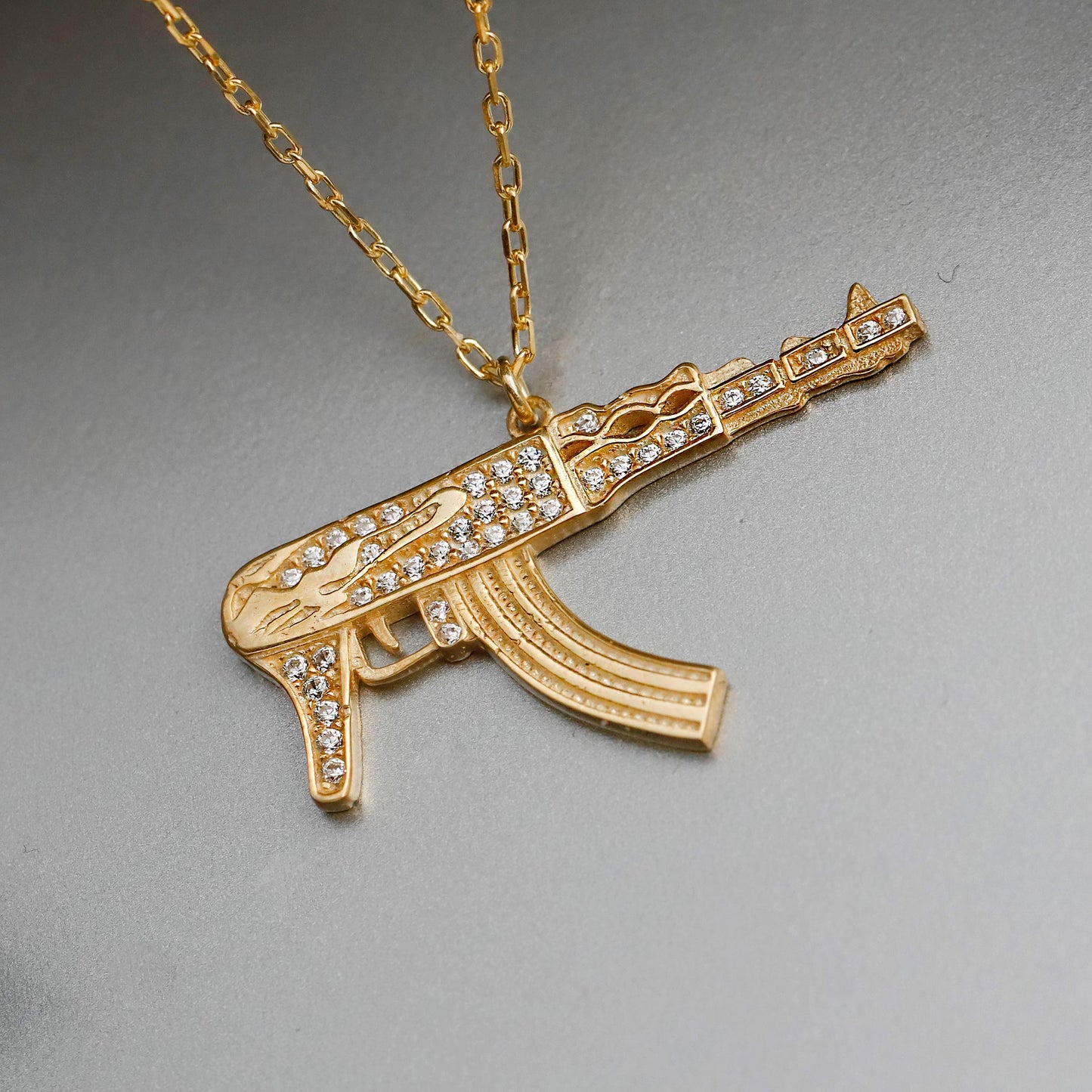 Iced-Out Gold Rifle Necklace, Sterling Silver CZ Pendant, Statement Jewelry