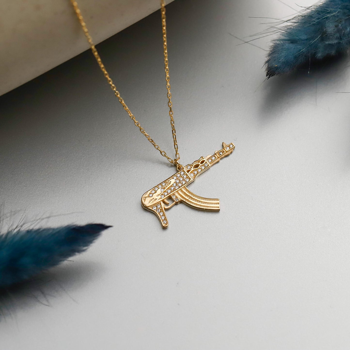 Iced-Out Gold Rifle Necklace, Sterling Silver CZ Pendant, Statement Jewelry