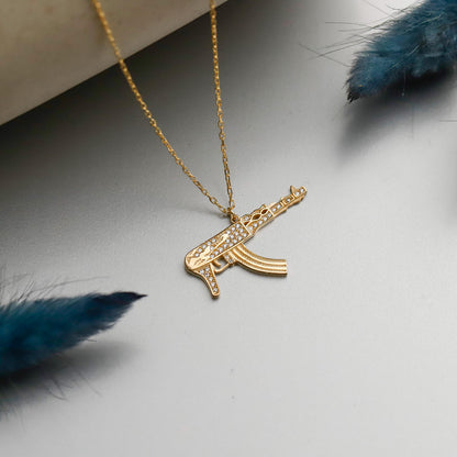 Iced-Out Gold Rifle Necklace, Sterling Silver CZ Pendant, Statement Jewelry