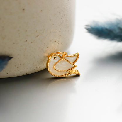 Enamel Gold Bird Pendant Necklace, 925 Sterling Silver, Pearlescent Charm