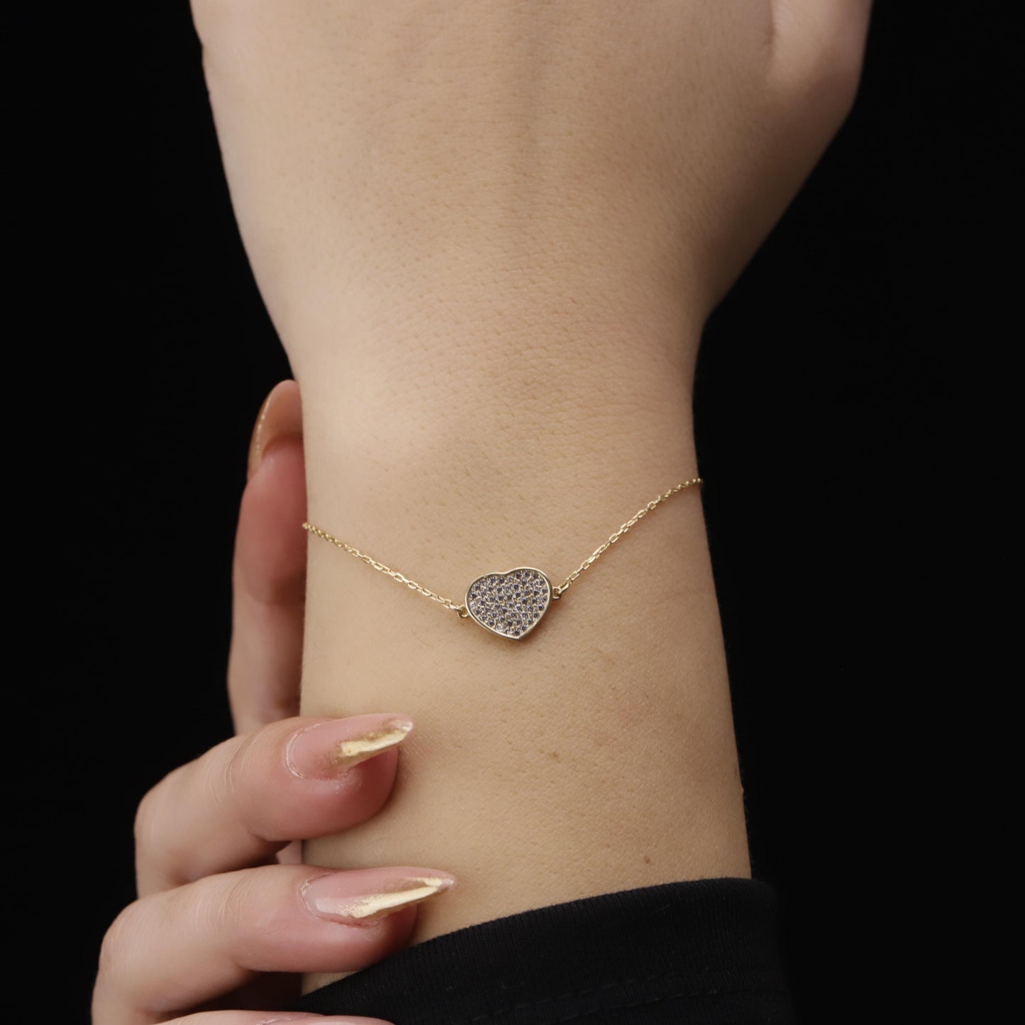 14K Gold Filled CZ Pave Heart Bracelet, Sterling Silver Base