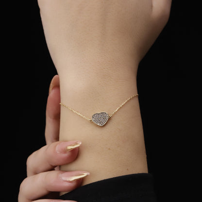 14K Gold Filled CZ Pave Heart Bracelet, Sterling Silver Base