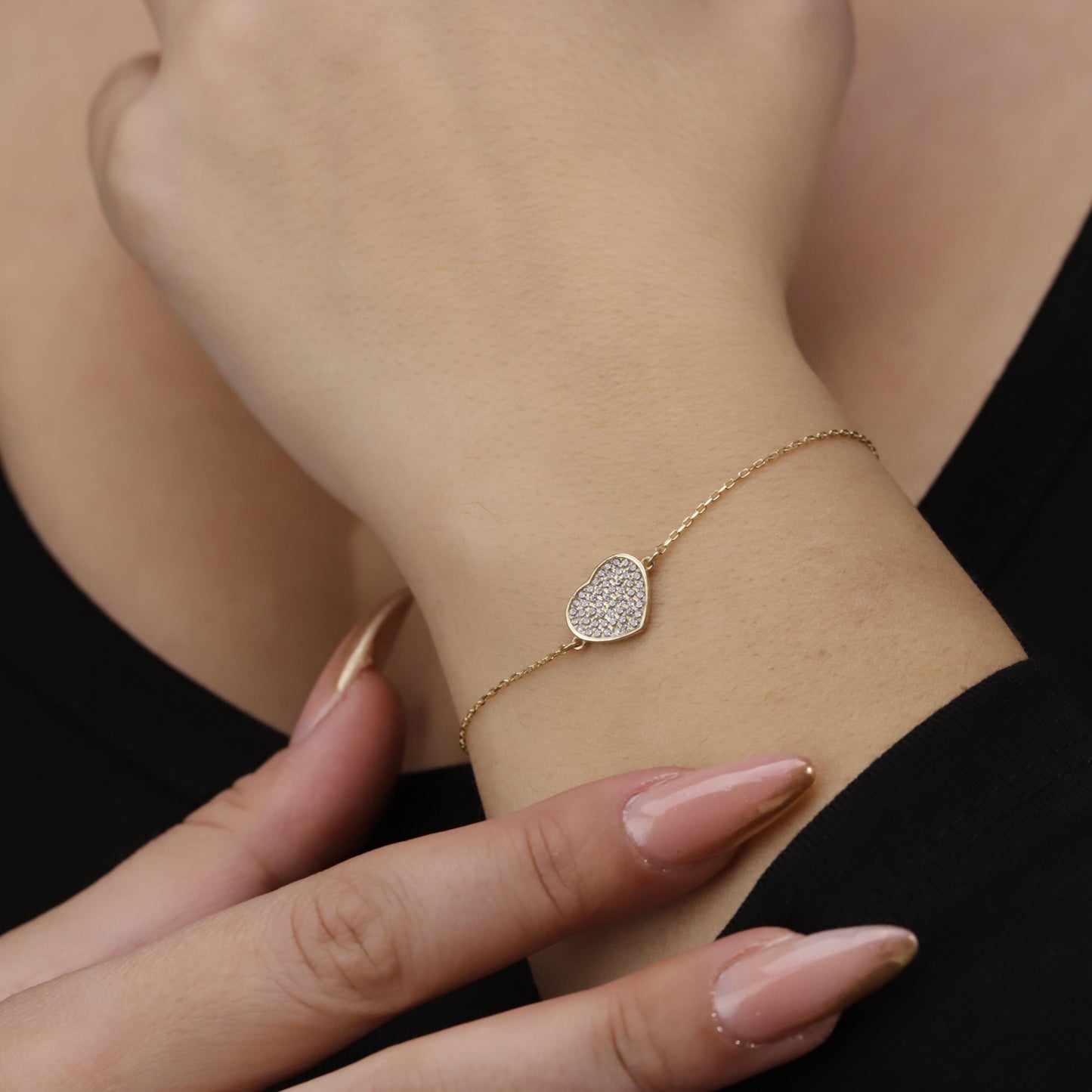 14K Gold Filled CZ Pave Heart Bracelet, Sterling Silver Base
