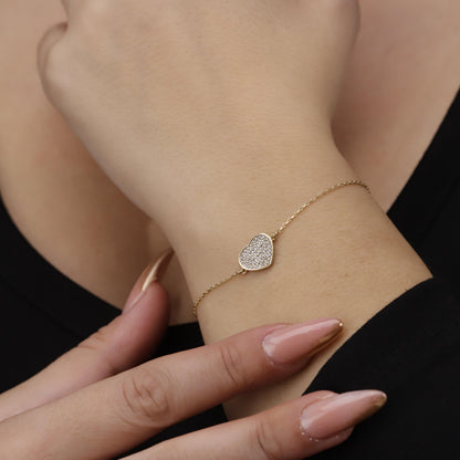 14K Gold Filled CZ Pave Heart Bracelet, Sterling Silver Base