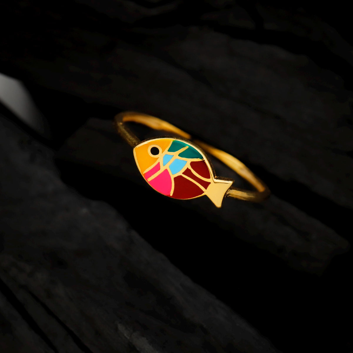 Colorful Enamel Gold Fish Ring, 925 Sterling Silver, Modern Animal Jewelry