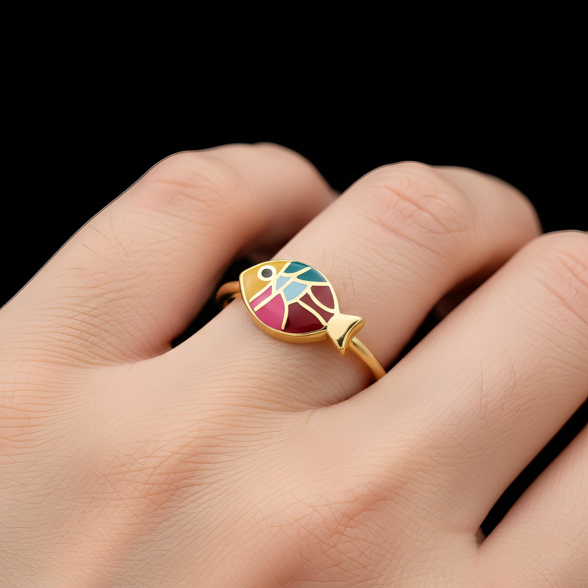 Colorful Enamel Gold Fish Ring, 925 Sterling Silver, Modern Animal Jewelry