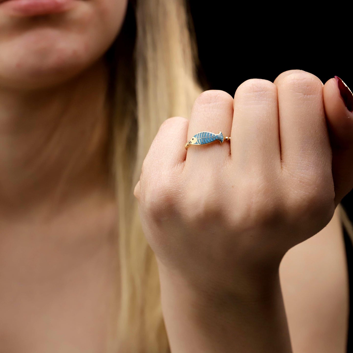 Turquoise Enamel Fish Ring, 925 Sterling Silver, Minimalist Animal Jewelry