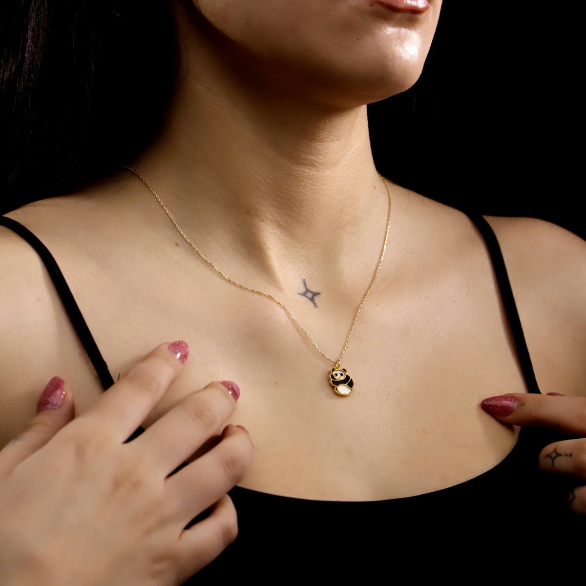 Enamel Gold Panda Necklace, 925 Sterling Silver, Minimalist Animal Charm