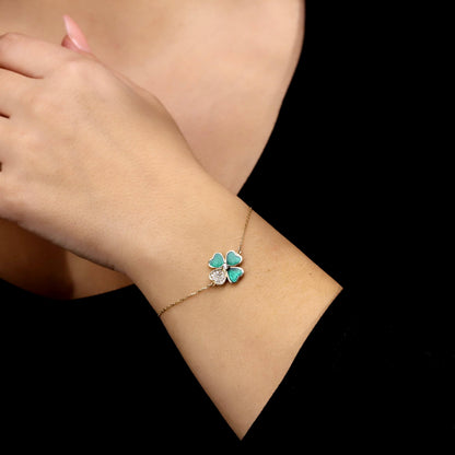 Green Enamel Four-Leaf Clover Bracelet, Sterling Silver, CZ Stones, Lucky Charm Jewelry