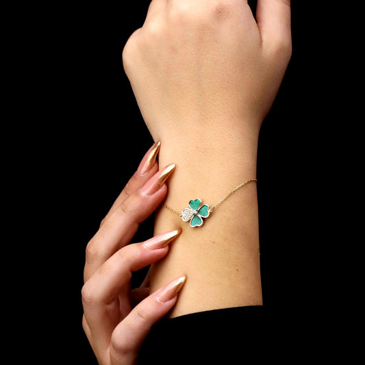 Green Enamel Four-Leaf Clover Bracelet, Sterling Silver, CZ Stones, Lucky Charm Jewelry