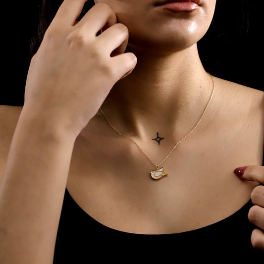 Enamel Gold Bird Pendant Necklace, 925 Sterling Silver, Pearlescent Charm