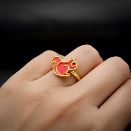 Embroidered Red Squirrel Ring, 925 Sterling Silver, Gold Tone Band, Nature Statement Piece