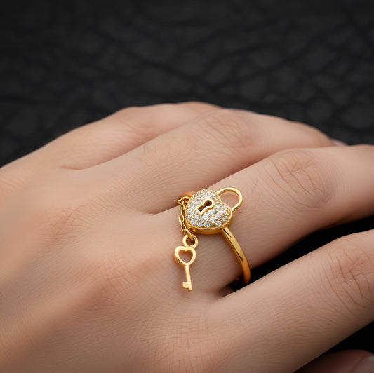 Sterling Silver Heart Lock Key Ring, CZ Diamond Detail, Gold Tone Statement Jewelry