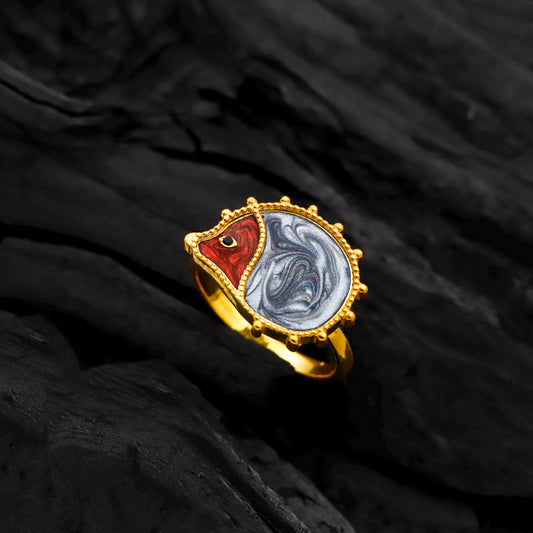 Enamel Hedgehog Ring, 925 Sterling Silver, Red Grey Marbled Detail, Nature Statement Jewelry
