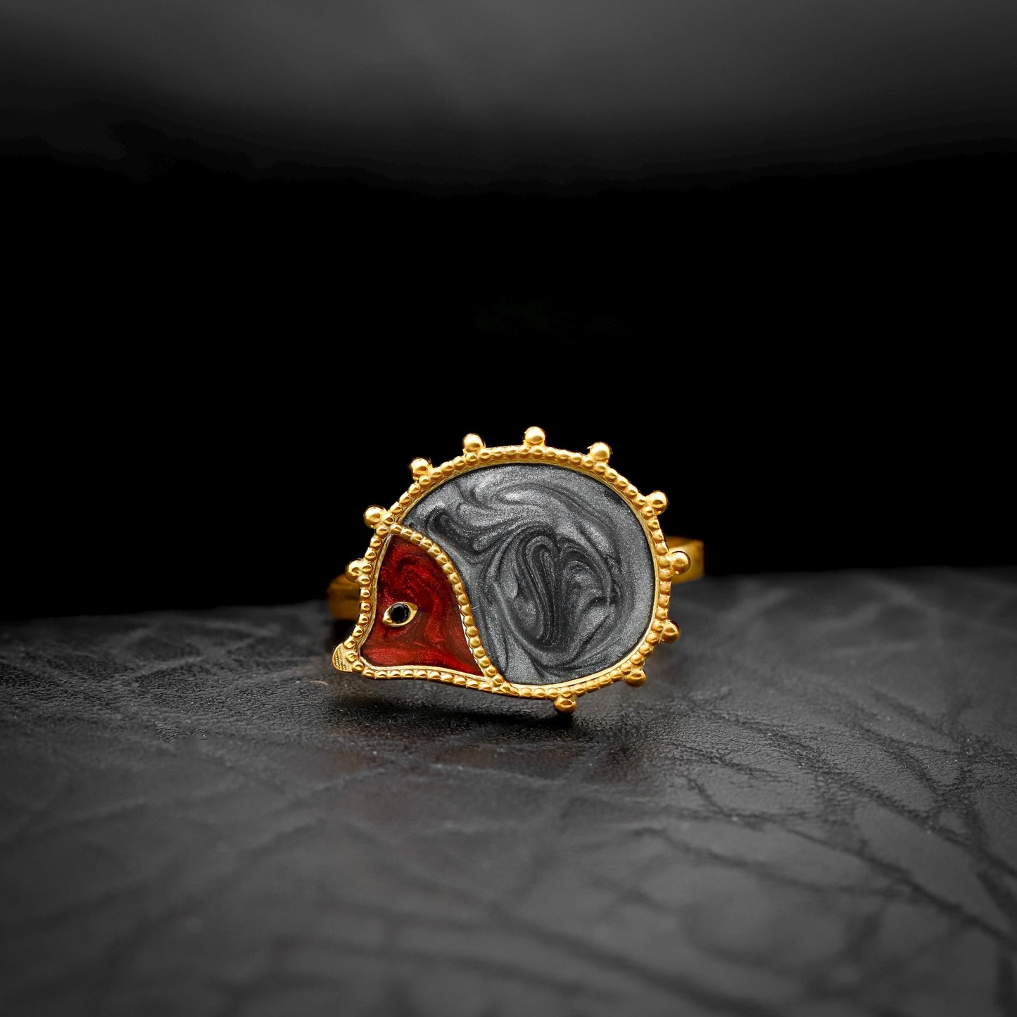 Enamel Hedgehog Ring, 925 Sterling Silver, Red Grey Marbled Detail, Nature Statement Jewelry