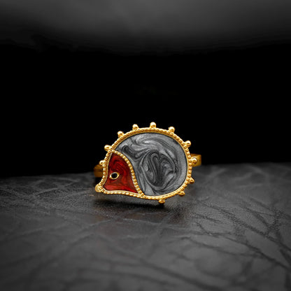 Enamel Hedgehog Ring, 925 Sterling Silver, Red Grey Marbled Detail, Nature Statement Jewelry