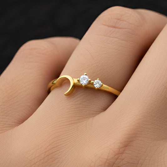 Sterling Silver Moon Ring, CZ Diamond Celestial Band, Minimalist Gold Promise Ring
