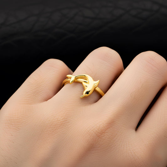 3D Gold Dolphin Ring, 925 Sterling Silver, CZ Diamond Detail, Minimalist Band