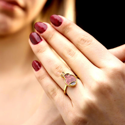 Enamel Rabbit Ring, 925 Sterling Silver, Red Gold Tone Bunny Jewelry