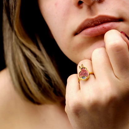 Enamel Rabbit Ring, 925 Sterling Silver, Red Gold Tone Bunny Jewelry