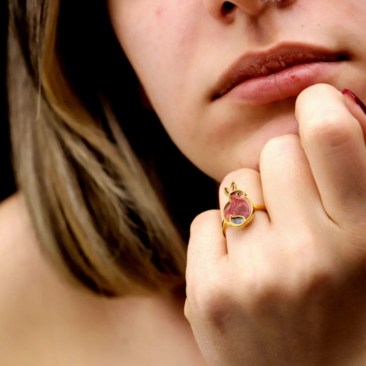Enamel Rabbit Ring, 925 Sterling Silver, Red Gold Tone Bunny Jewelry