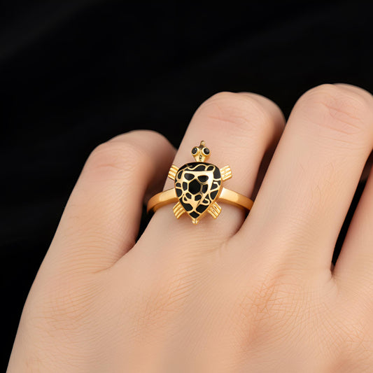 Sterling Silver Turtle Ring, Black Enamel Gold Tone, Animal Statement Jewelry