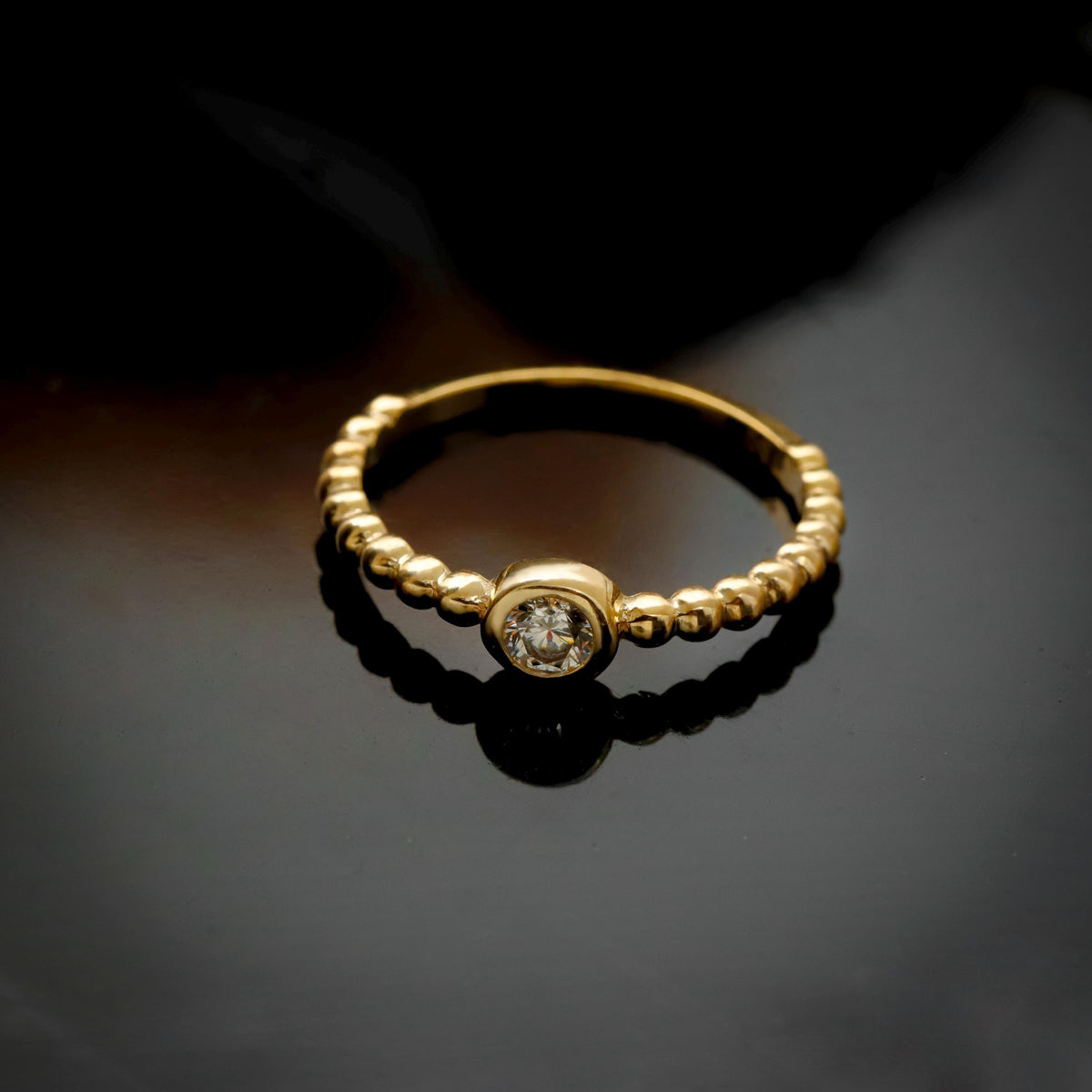 Gold Beaded Solitaire Ring, Sterling Silver, CZ Diamond, Geometric Statement Piece