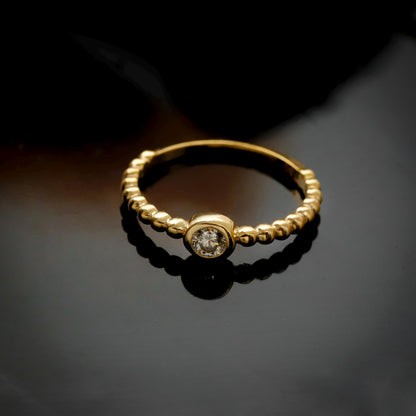 Gold Beaded Solitaire Ring, Sterling Silver, CZ Diamond, Geometric Statement Piece