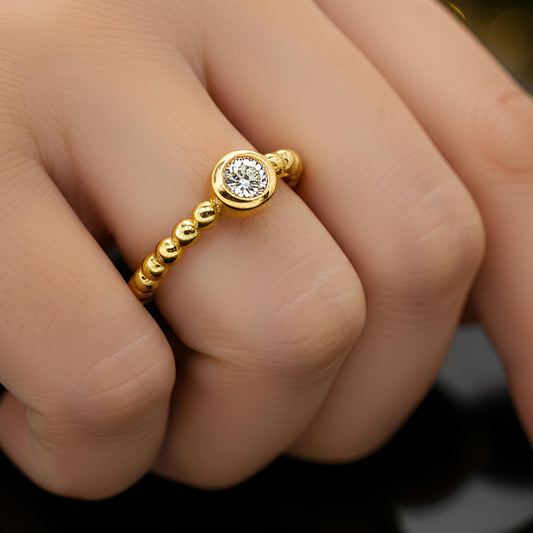 Gold Beaded Solitaire Ring, Sterling Silver, CZ Diamond, Geometric Statement Piece